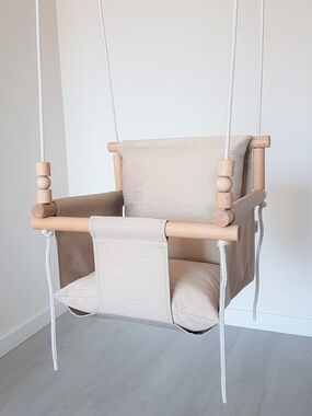 Beige Baby Swing - Cozy Plush Canvas and Wooden Swing